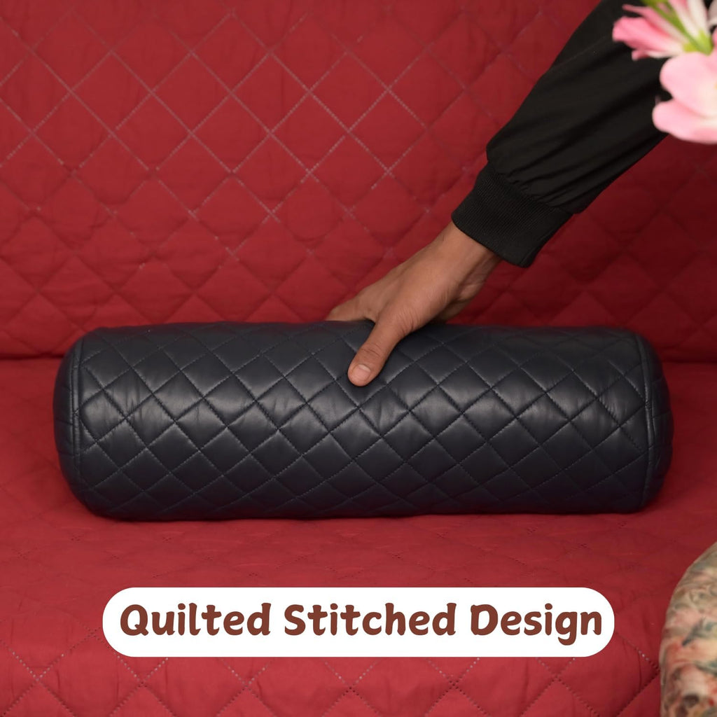 Neck Roll Pillow Cushion Cover, 22x5 Inch Full Moon Round Bolster Pillow Case, Cylinder Soft Lambskin Leather Pillowcase for Head, Spine & Neck Support During Sleep - Quilted Gun Metal Blue Pack of 2