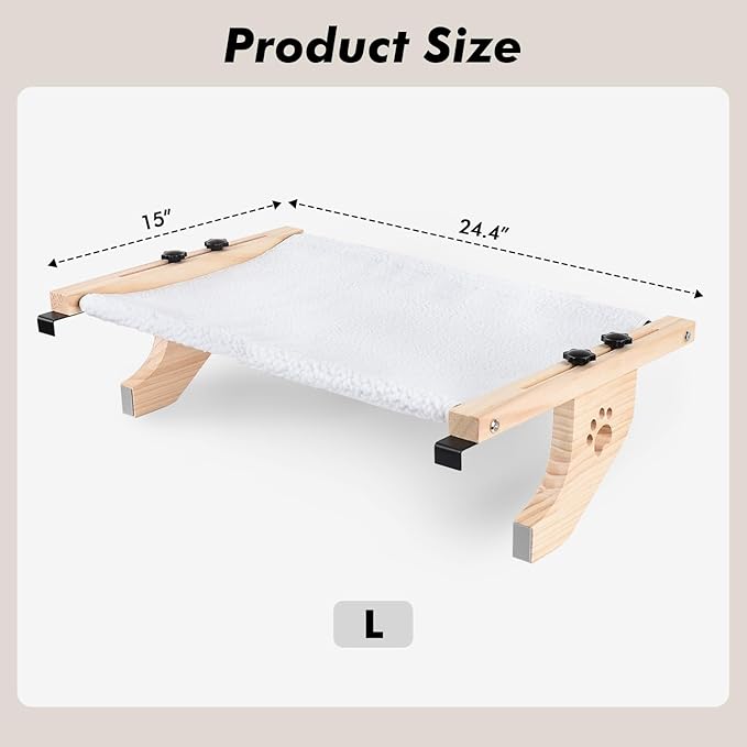 AMOSIJOY Cat Sill Window Perch Sturdy Cat Hammock Window Seat with Wood & Metal Frame for Large Cats, Easy to Adjust Cat Bed for Windowsill, Bedside, Drawer and Cabinet (24.4''-White Plush)