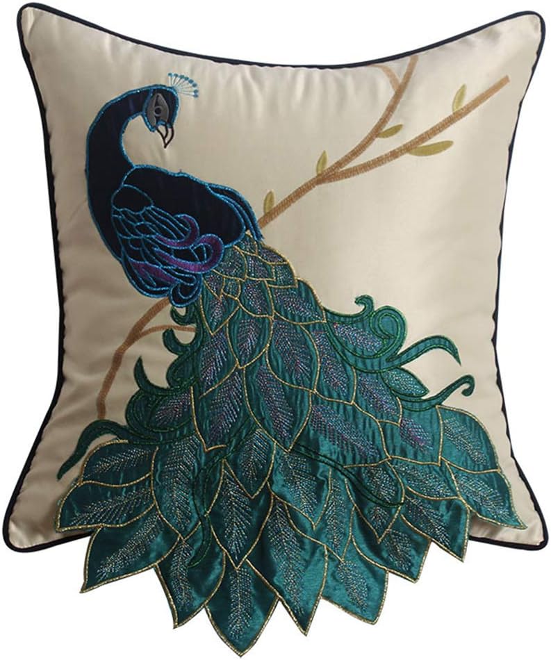 vctops Embroidered Peacock Decorative Throw Pillow Case Silky Satin Cushion Cover Peacock 1 18"X18"