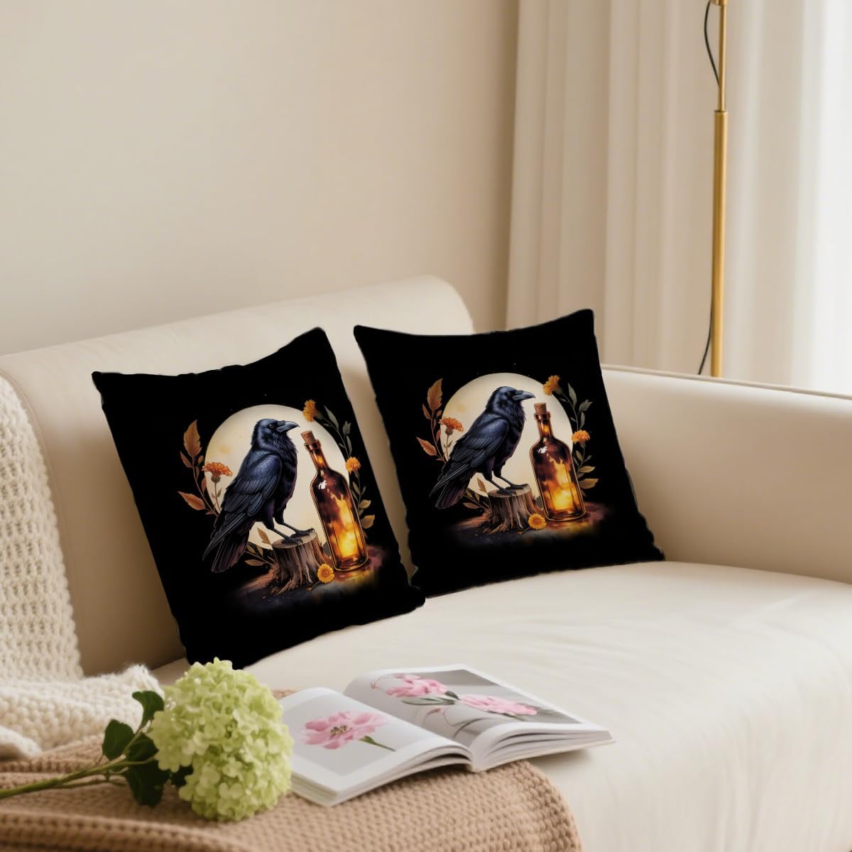 2 Pcs Black Crow Gothic Throw Pillow Cover, Vintage Raven Black Flower Cotton Decorative Cushion Cover, Gifts for Women Friend Sister Coworker Birthday Christmas Mothers Day Friendship
