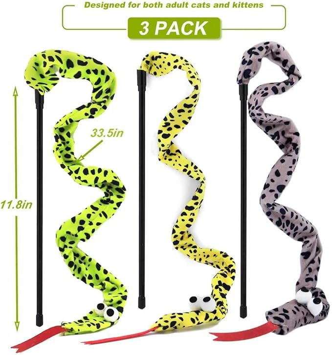 Interactive Cat Toy Wand with Catnip Mouse, Cat Teaser Wand Rainbow String for Bored Indoor Adult Cats and Kittens (3 Pack Snake)