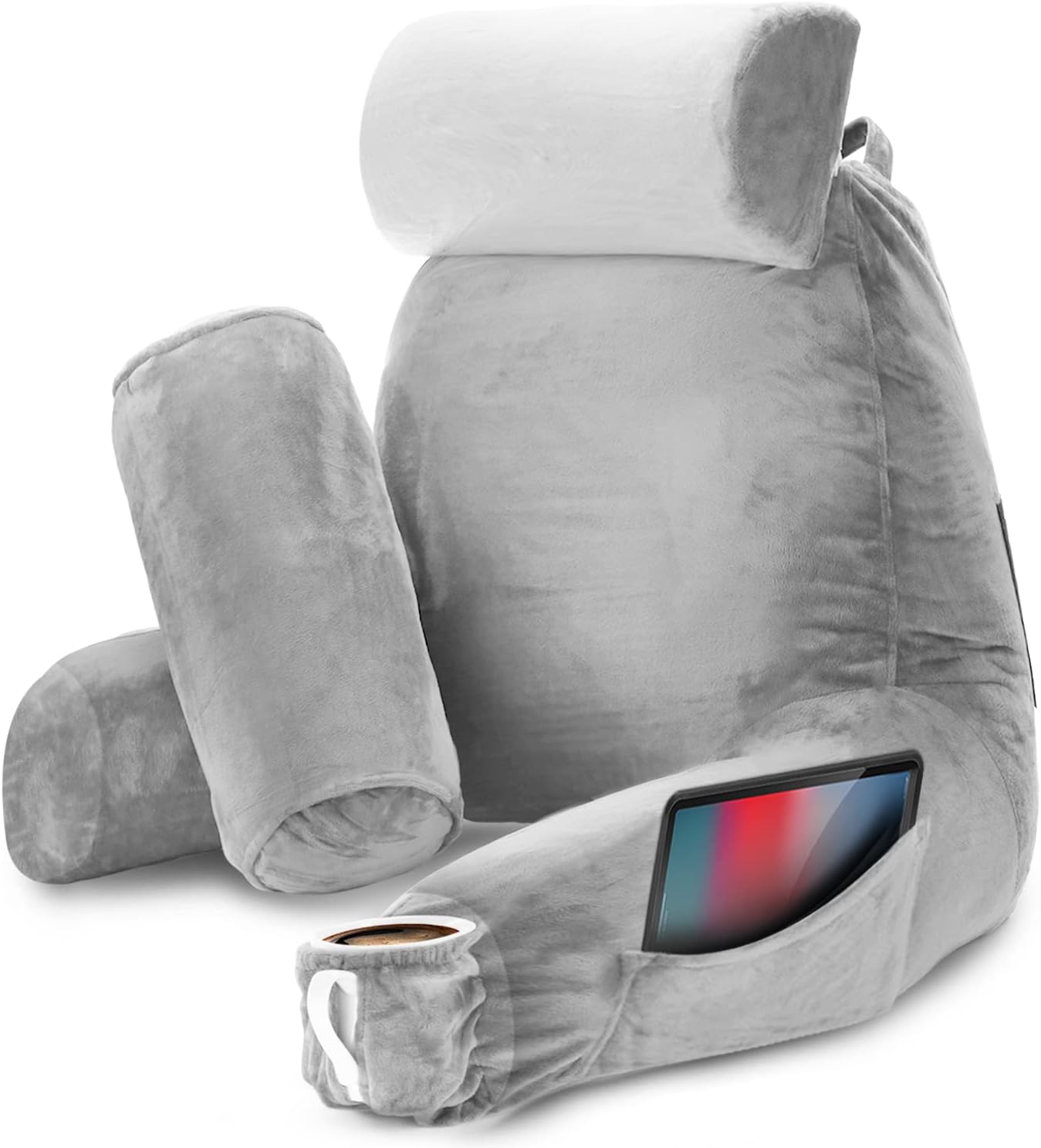 Nestl Reading Pillow with Shredded Memory Foam Includes 2 Neck and Lumber Support Pillows, Designed for Sitting Up in Bed and Couch, Back and Arms Adjustable Support for Adult & Teens, Light Grey