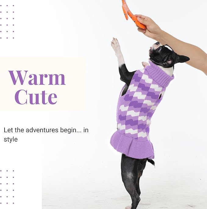 Dog Sweaters for Large Dogs Girl, Dog Sweater Dress with Leash Hole, Thick Turtleneck Knitwear for Female Dogs, Warm Fall Winter Dress for Cold Weather, Thanksgiving, Christmas - Purple XL