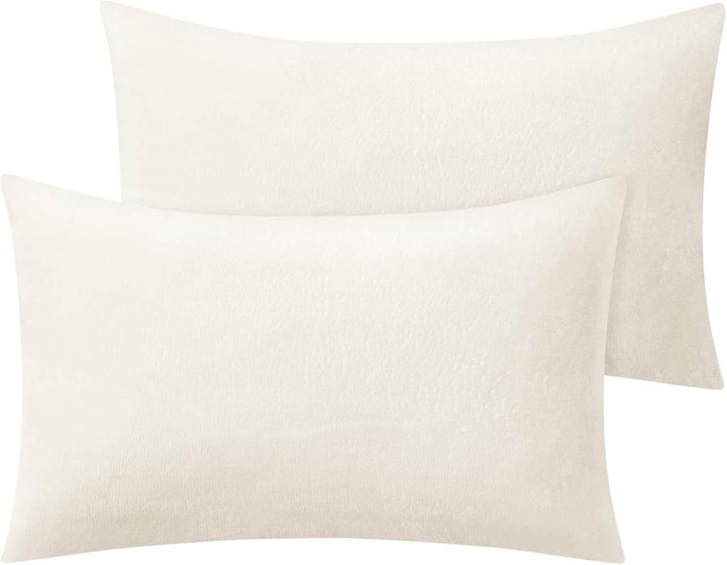BEDELITE Flannel Pillow Cases Queen Size Set of 2, Super Soft Fleece Pillowcases with Zipper for Bedroom, Sofa, Luxury Cozy Fuzzy Velvet Pillow Shams for All Seasons(20x30 Inches, Off White)