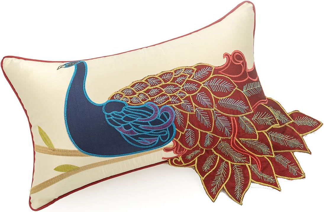 vctops Embroidered Peacock Decorative Throw Pillow Case Silky Satin Cushion Cover Red3 12"X20"