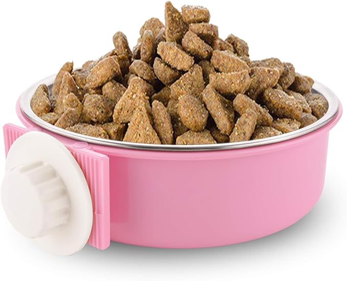 Crate Dog Bowl Removable Stainless Steel Water Food Feeder Bowls Cage Coop Cup for Cat Puppy Bird Pets (Large, Pink)