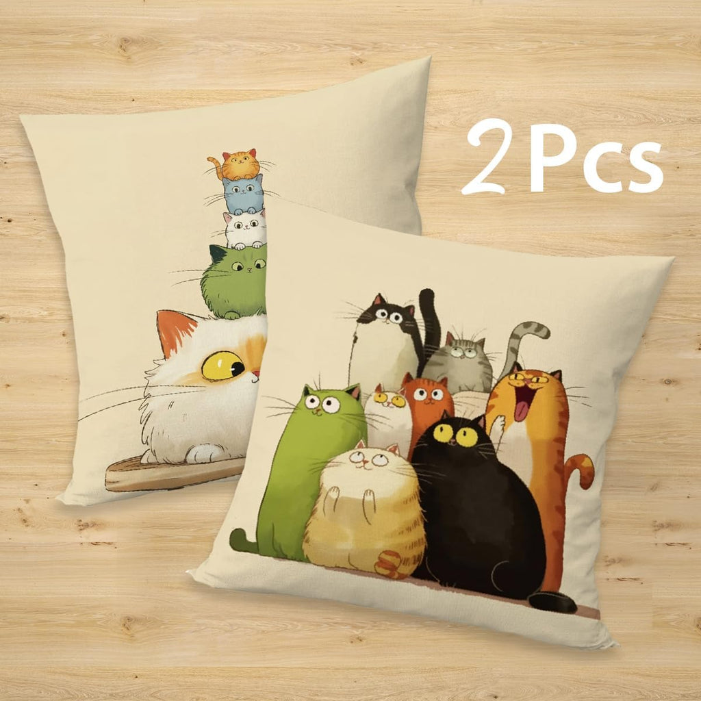 2 Pcs Whimsical Cat Throw Pillow, Throw Pillow Cover Lovely Multicolor Cartoon Cats Decorative, Suitable for Couch Sofa Bed Bedroom Apartment Dorm Living Room Office Home Decor