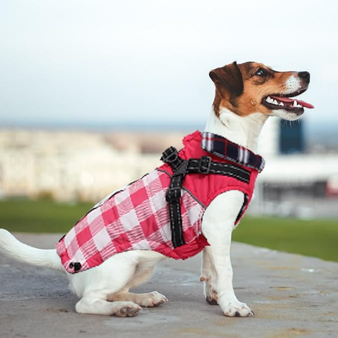 Dog Coat with Harness,Small Dog Winter Coat,Doggie Jackets with Built in Harness,Adjustable Warm Jacket for Medium Large Dogs,Pet Puppy Cold Weather Coats for Dogs Waterproof (PlaidPink, XX-Large)