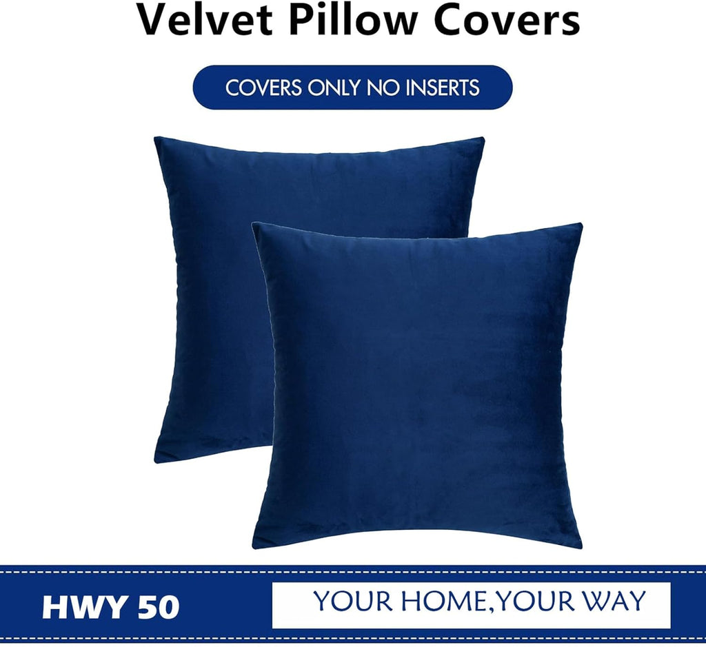 HWY 50 Navy Blue Velvet Throw Pillow Covers 16x16 Inch, Pack of 2 Soft Cozy Solid Decorative Luxury Cushion Cases for Couch Sofa Bed Living Room Bedroom