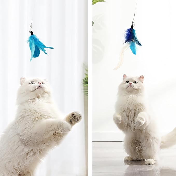 SONGWAY Cat Feather Toys Wand - 7 Pcs Interactive Cat Toys for Indoor Cat Kitten, Retractable Cat Wand Toy with 6 Feather Teaser Refills with Bell, Cat Fishing Pole Toy, Blue