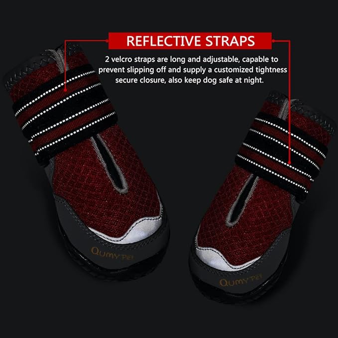 QUMY 4PCS Dog Boots for Large Dogs, Medium Dog Shoes & Paw Protectors for Hot Pavement, Summer Heat Protection, Mesh Breathable Nonslip Dog Booties for Hardfloors, Walking Running Hiking Red Size 1