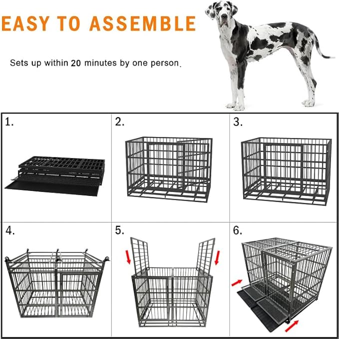 54/48/42/38 inch Heavy Duty Indestructible and Escape-Proof Dog Crate Cage Kennel for Large Dogs, High Anxiety Dog Crate with Removable Wire Trays and Wheels, Extra Large XL XXL