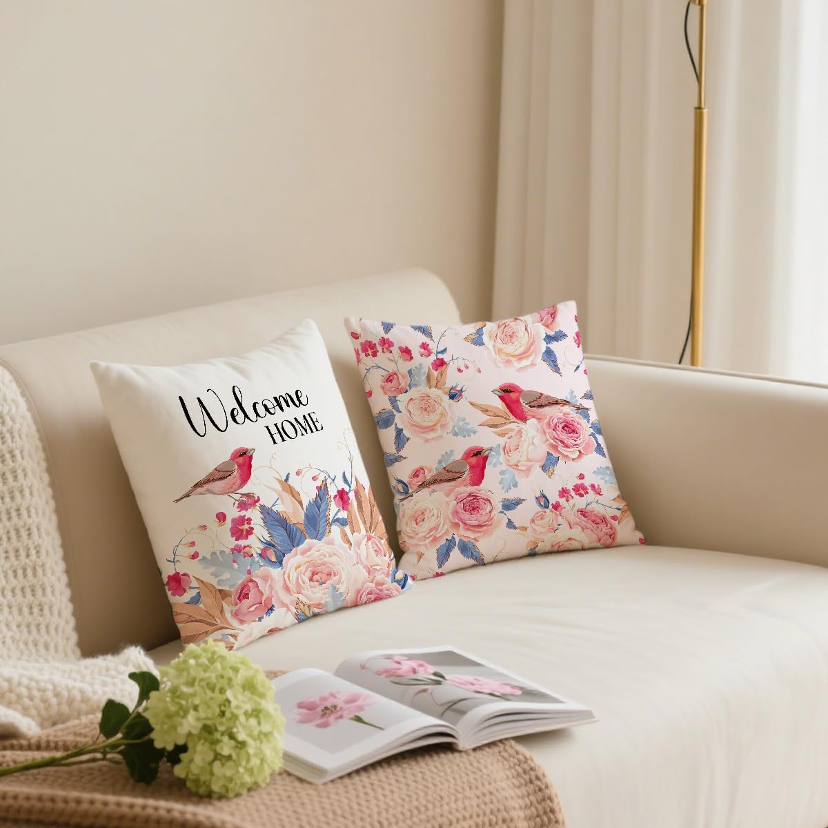 2 Pcs Pink Rose Bird Decorative Throw Pillow Cover, Vintage Natural Flower Bouquet Art Design Square Pillowcases for Couch Sofa Bed Bedroom Apartment Dorm Living Room Office Home Decor