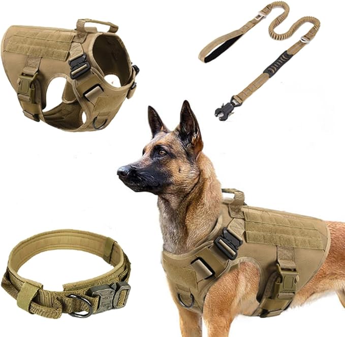 Tactical Dog Harness with Handle Collar and Leash Set Dog Vest Harness No Pull Dog Harness with Patches Adjustable Buckles for Dogs (Khaki, Medium)