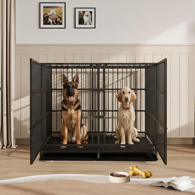54 Heavy Duty Indestructible and Escape-Proof Dog Crate Cage Kennel with Divider for 2 Large Dogs, High Anxiety Dog Crate with Removable Wires Trays and Wheels, Extra Large XL XXL
