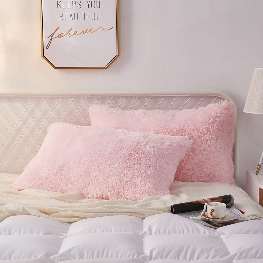 Uhamho Set of 2 King Faux Fur Throw Pillow Covers Fluffy Soft Velvet Decorative Pillowcases Zipper Closure(20 x 36 Inches Pink)