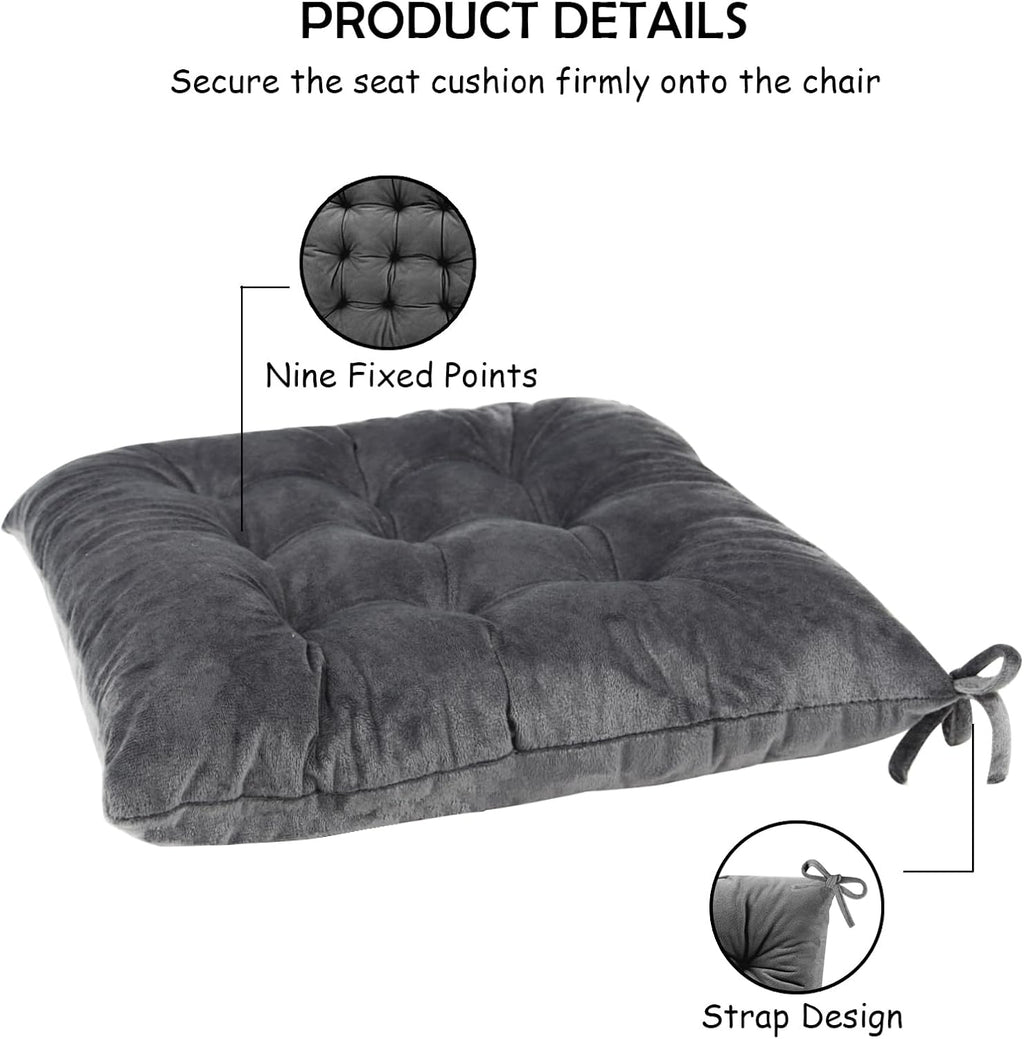 2 Pack Square Seat Cushion Chair Pads for Kitchen Dining Chairs, Soft Comfort Velvet Chair Mat Pillow Cushions with Ties for Office Desk Living Room Tatami 15.5", Dark Gray