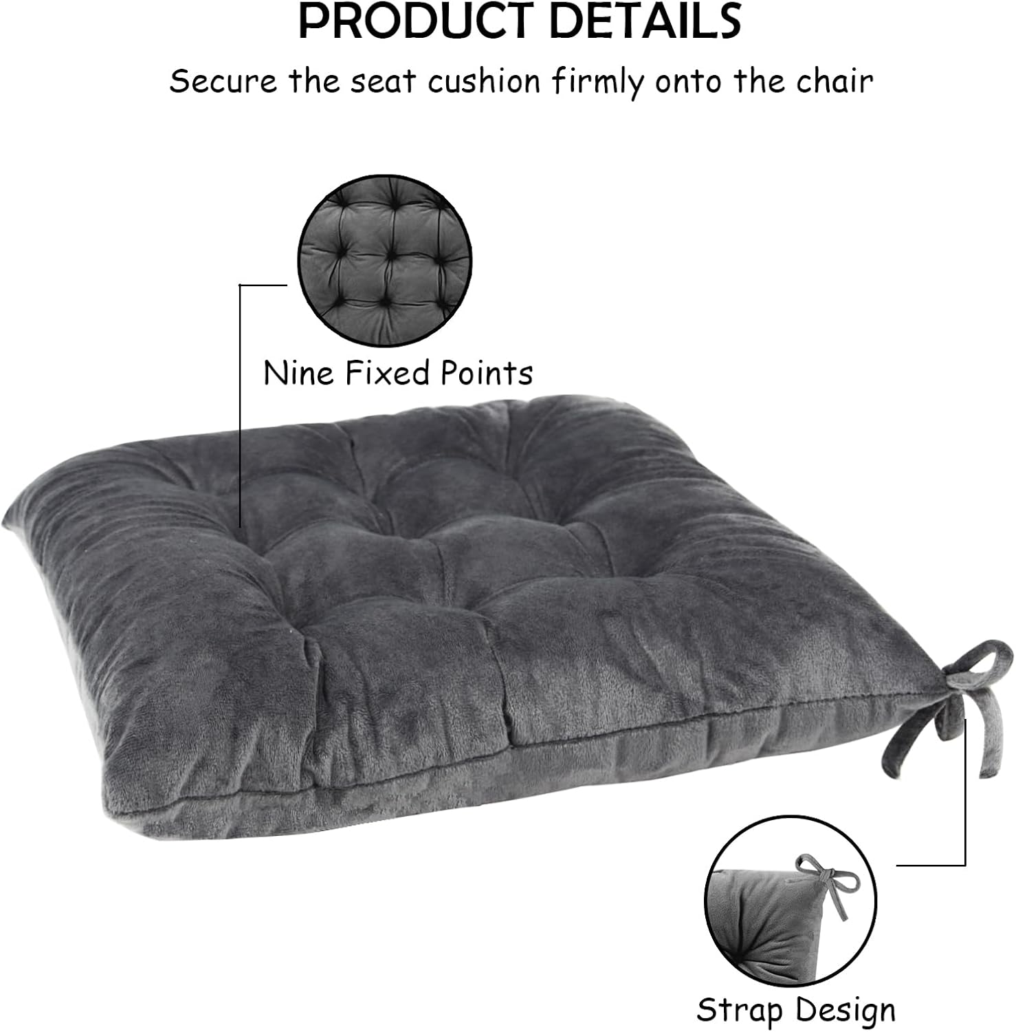 2 Pack Square Seat Cushion Chair Pads for Kitchen Dining Chairs, Soft Comfort Velvet Chair Mat Pillow Cushions with Ties for Office Desk Living Room Tatami 15.5", Dark Gray