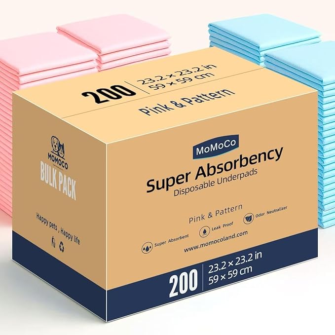 MoMoCo Value Pack Puppy Training Pads 23"x23", 200 Count (Pattern100 + Pink100) – Leak-Proof & Super Absorbent Potty Pads for Small Dogs, Cats & Rabbits