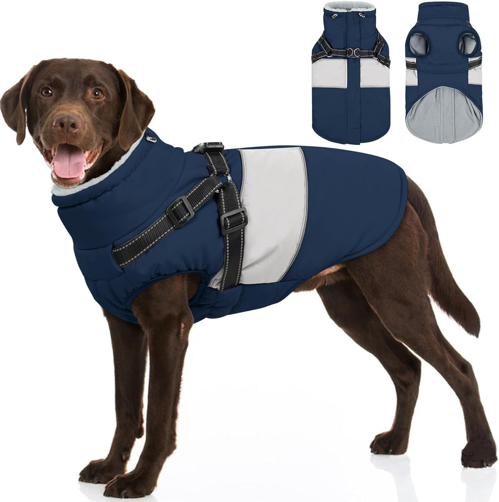 SUNFURA Dog Coat for Large Dogs, Warm Pet Jacket Winter with Harness Built in, Waterproof Pet Snow Jacket with Furry Collar, Reflective Fleece Snowsuit for Extra Large Dogs, Navy Blue XL