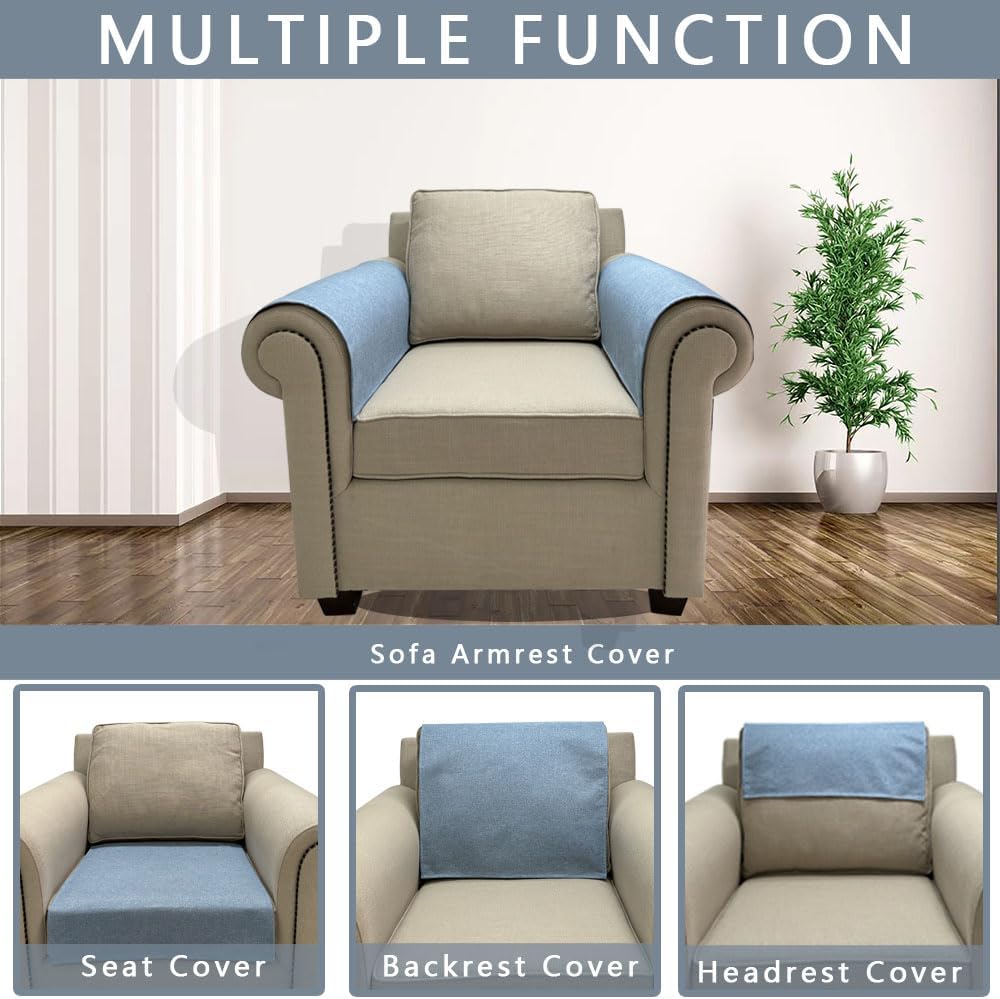 Couch Arm Covers, Anti-Slip Sofa Armrest Cover for Recliner, 2pc Washable Sofa Arm Covers, Dogs Cats Pet Scratch Proof Couch Arm Protectors, Light Blue, 24x28inch