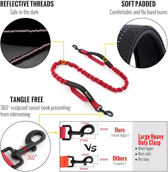 Plutus Pet Hands Free Dual Handle Retractable Bungee Leash with Reflective Stitches, Adjustable Waist Leash for Dog Walking Running Jogging, Medium Large Dogs