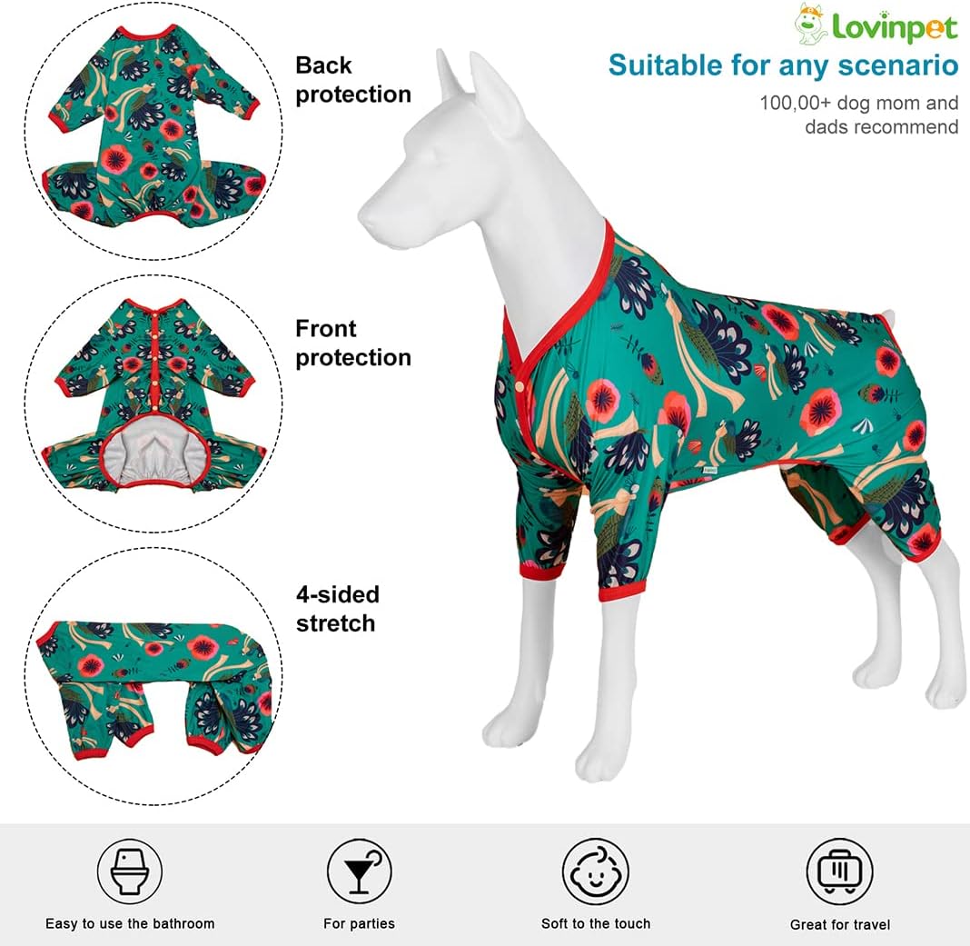 LovinPet Dog Clothes Large Breed Girl XXL - Pet Anxiety Relief Shirt, UV Protection Dog Clothes, Comfy Lightweight Fabric, Turquoise Peacock Prints, Pitbull Clothes, Pitbull Pajamas, Green 2XL