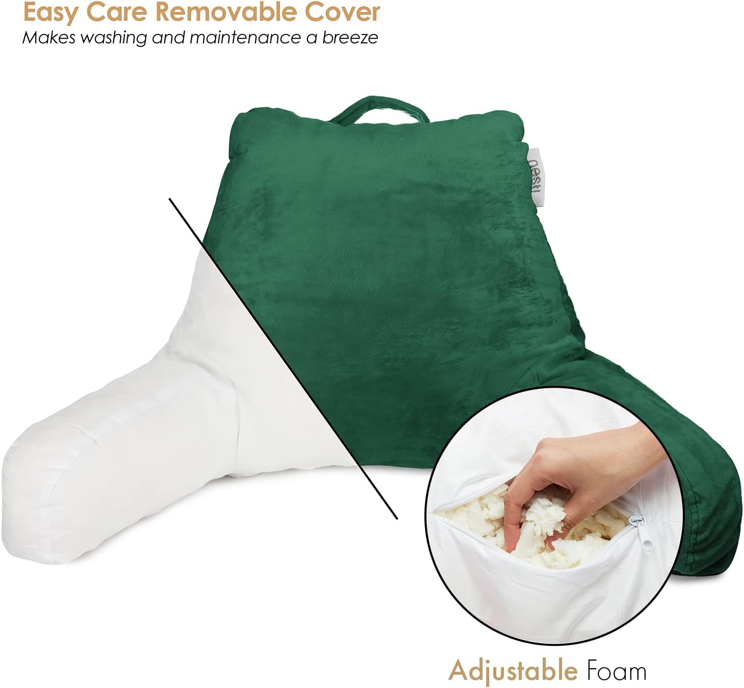 Nestl Reading Pillow with Shredded Memory Foam, Designed for Sitting Up in Bed and Couch, Back and Arms Adjustable Support for Adult & Teens Backrest Pillows for Reading with Washable Cover Dark Green