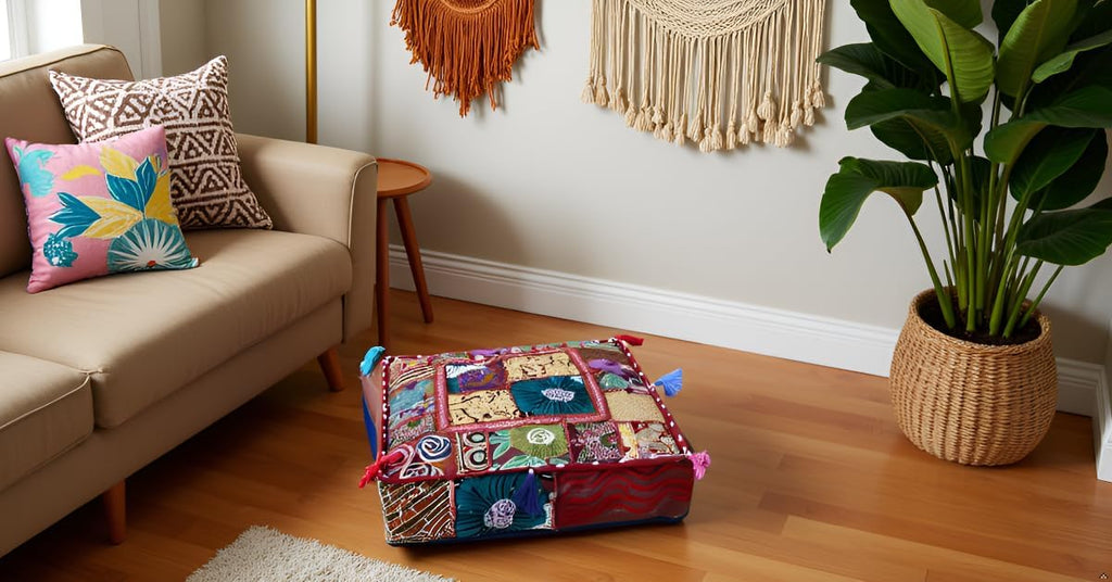 CRAFT KALA Indian Square Patchwork Traditional Pouf Cover Indian Living Room Poufs Decorative Embroidered Designer Ottoman Home Living Footstool Chair Cover Decor Pillow Cover 18x18x5 inches, Dark Red