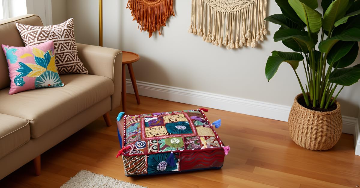 CRAFT KALA Indian Square Patchwork Traditional Pouf Cover Indian Living Room Poufs Decorative Embroidered Designer Ottoman Home Living Footstool Chair Cover Decor Pillow Cover 18x18x5 inches, Dark Red