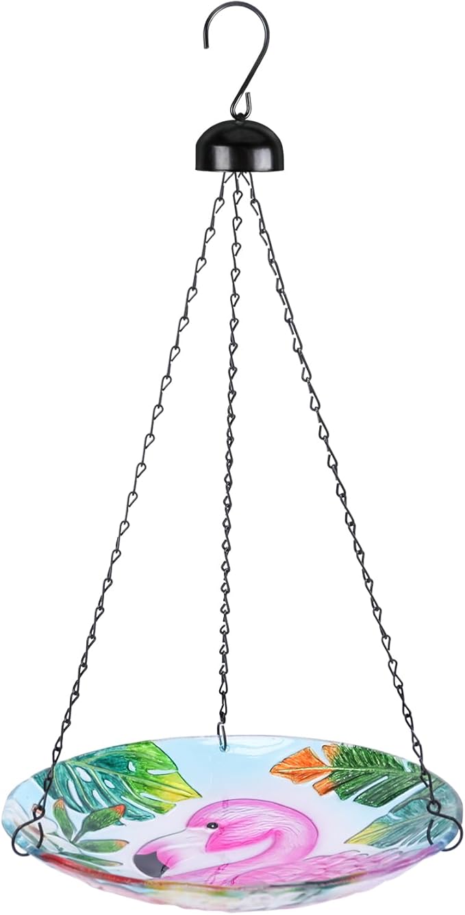VCUTEKA Glass Hanging Bird Bath for Outdoors, BirdBaths with 21-Inch Rust-Proof Chain, Garden Yard Decor, Flamingo Pattern