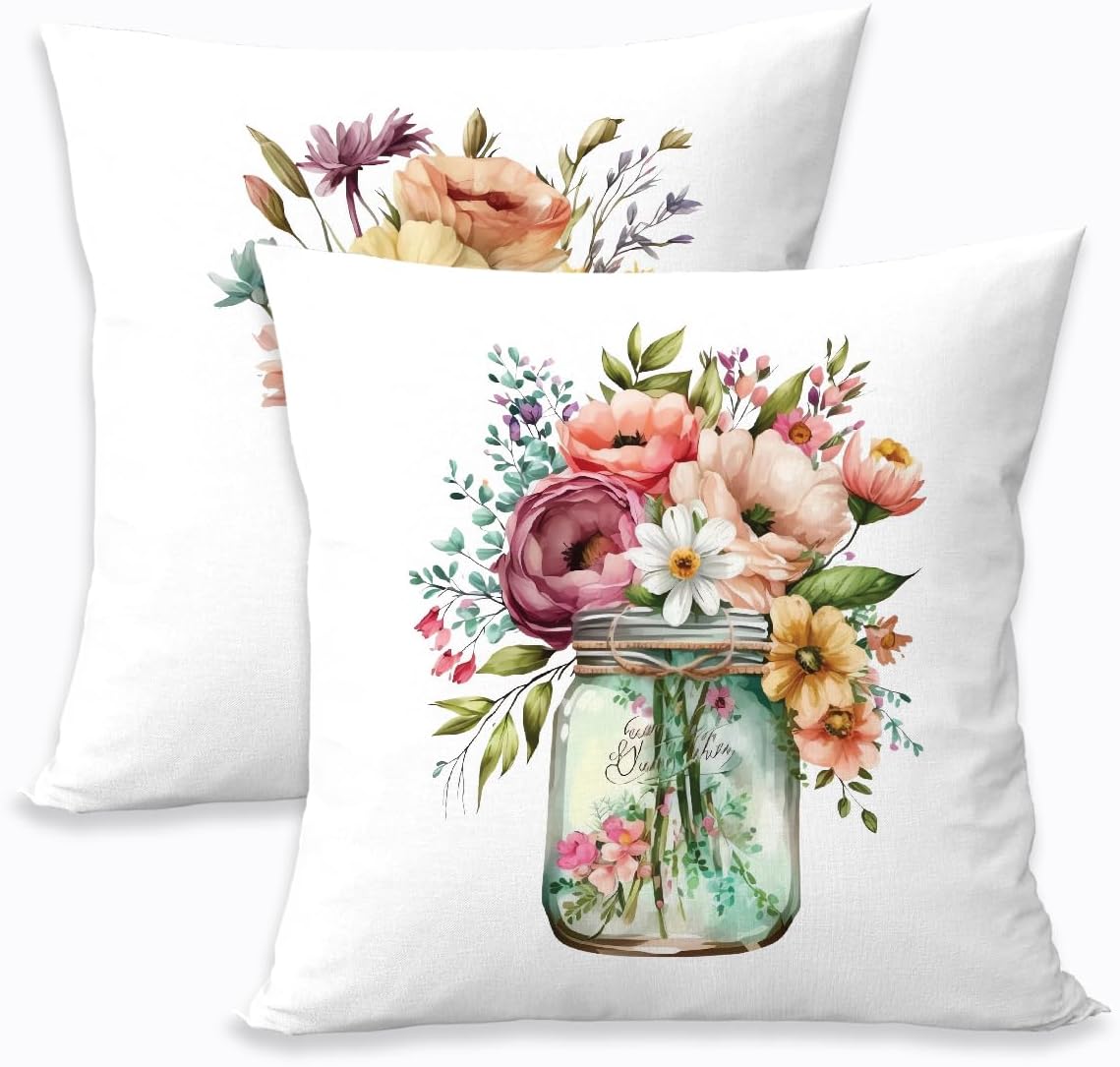 2 Pcs Pink Red Roses Floral Vase Decorative Outdoor Pillowcase, Modern Floral Square Decorative Throw Pillow Cover for Women Friend Sister Coworker Birthday Christmas Mothers Day Friendship Gifts