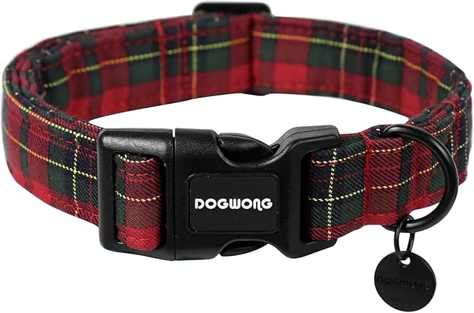 DOGWONG Cotton Christmas Dog Collar, Heavy-Duty Christmas Red Plaid Dog Collar Durable Soft Natural Fabric Pet Dog Collars for Large Dogs