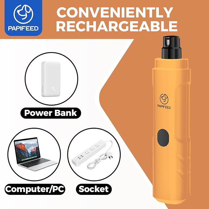 PAPIFFEED Dog Nail Grinder Upgraded with 2 LED Lights, 3-Speed Rechargeable & Quiet - Upgraded Electric Pet Nail Trimmer for Small Medium Large Dogs & Cats, Painless Paws Grooming Tool - Orange
