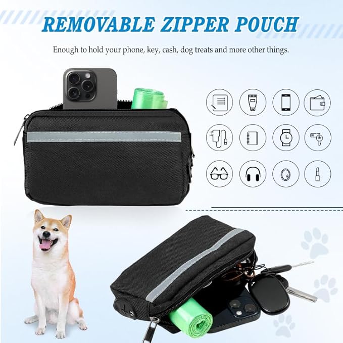 Hands Free Dog Leash with Zipper Pouch, Waist Dog Running Leash with Adjustable Waist Belt and Dual Handle, Reflective Bungee Hands Free Leash for Medium to Large Dogs (Black)