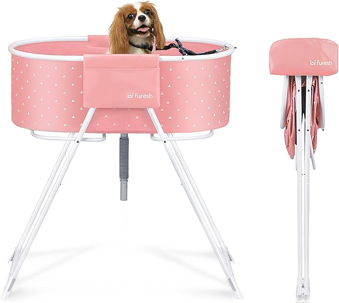 Furesh Little Dipper Dog Bath Tub and Wash Station for Bathing Shower and Grooming, Elevated Foldable and Portable, Indoor and Outdoor, for Small and Medium Size Dogs, Cats and Other Pet (Pink)