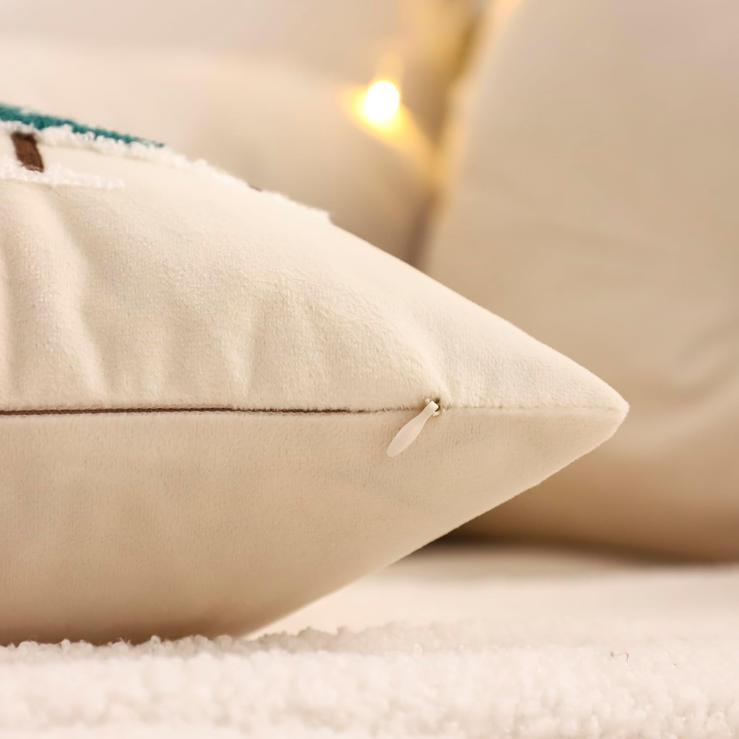 LUOYEHK Christmas Pillow Covers 18x18 Set of 2 House and Deer Decorative Beige Pillow Cases Winter Holiday Velvet Embroidered Cushion Covers for Couch Sofa Bed