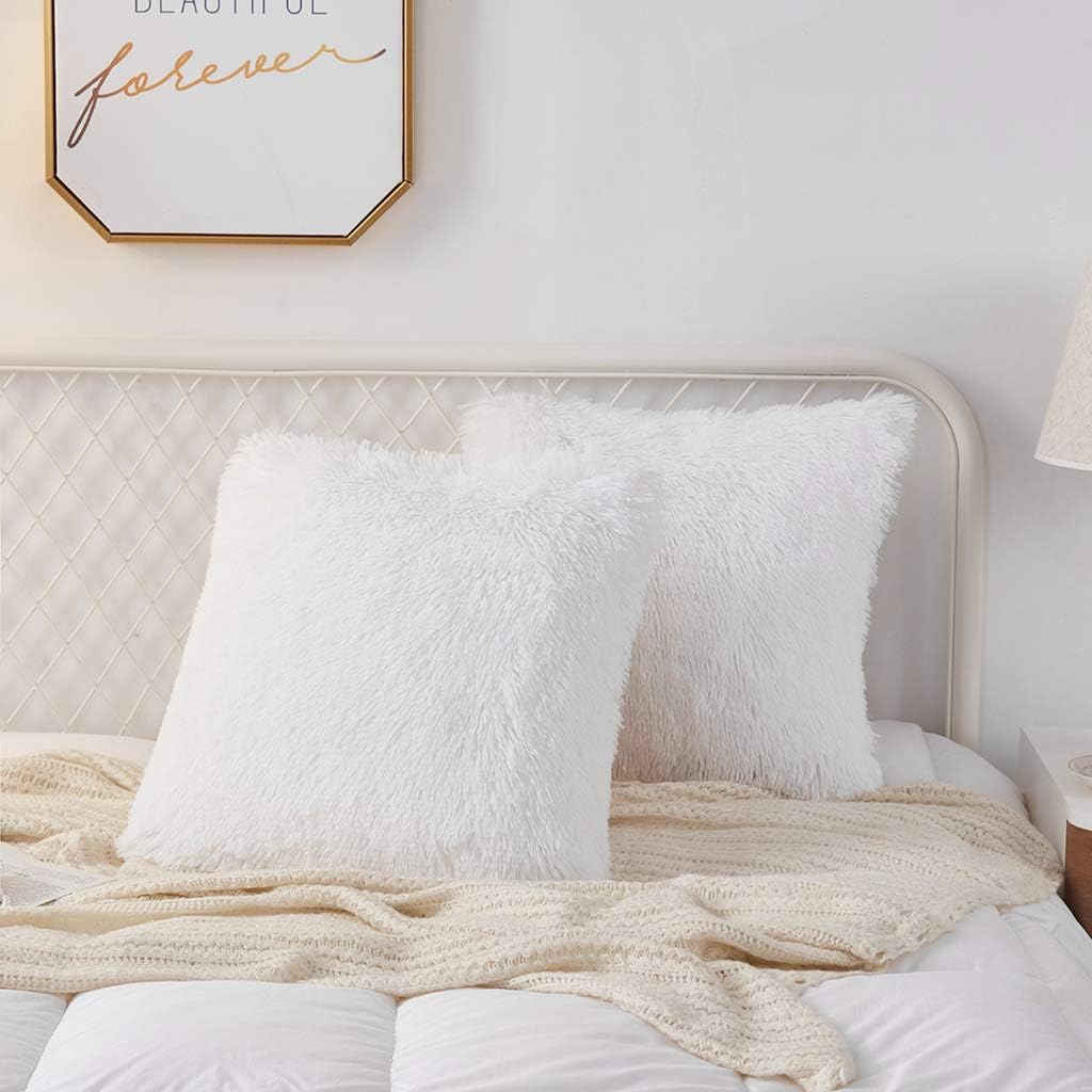 Uhamho Set of 2 Faux Fur Throw Pillow Covers Soft Velvet Decorative Pillowcases Zipper Closure (White, 18" x 18")