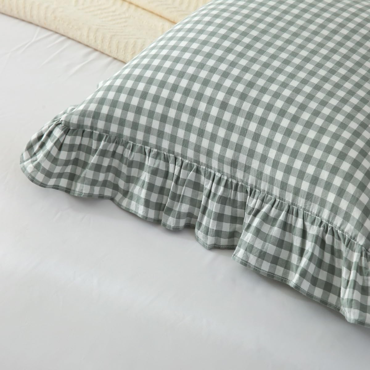 2 Pack Vintage Dusty Green Plaid Ruffle Throw Pillow Covers,Washed Cotton Checkered Gingham Pillow Covers 20"x20" for Sofa,Couch,Bed and Living Room