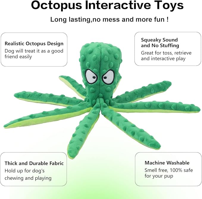 Dog Squeaky Toys Octopus - No Stuffing Crinkle Plush Toys for Puppy Teething, Durable Interactive Chew Toys for Small, Medium and Large Dogs Training and Reduce Boredom, 2 Pack