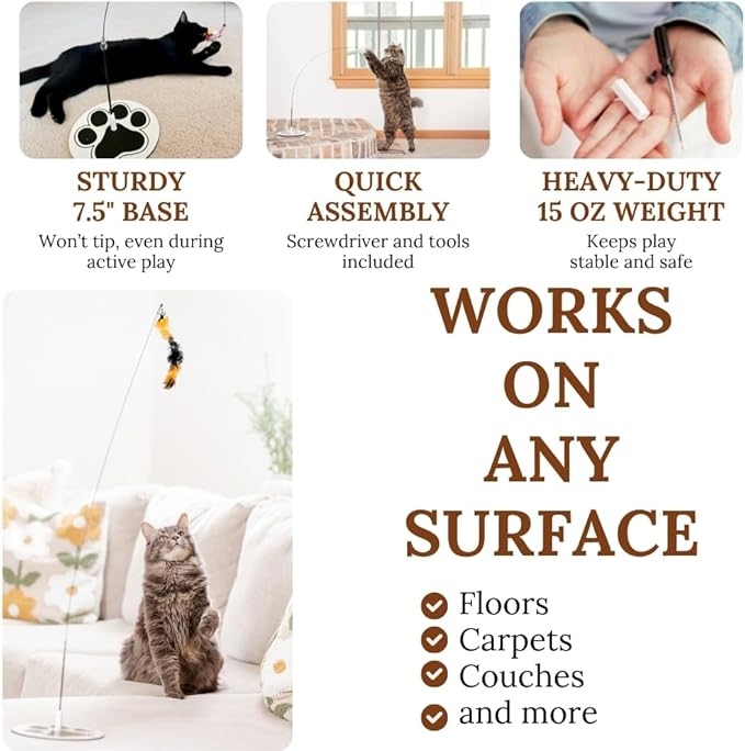 Cat Wand Toy with Round Base – Interactive Feather & Glow-in-The-Dark Octopus Attachments – Suction Cup Cat Toy for Indoor Cats & Kittens