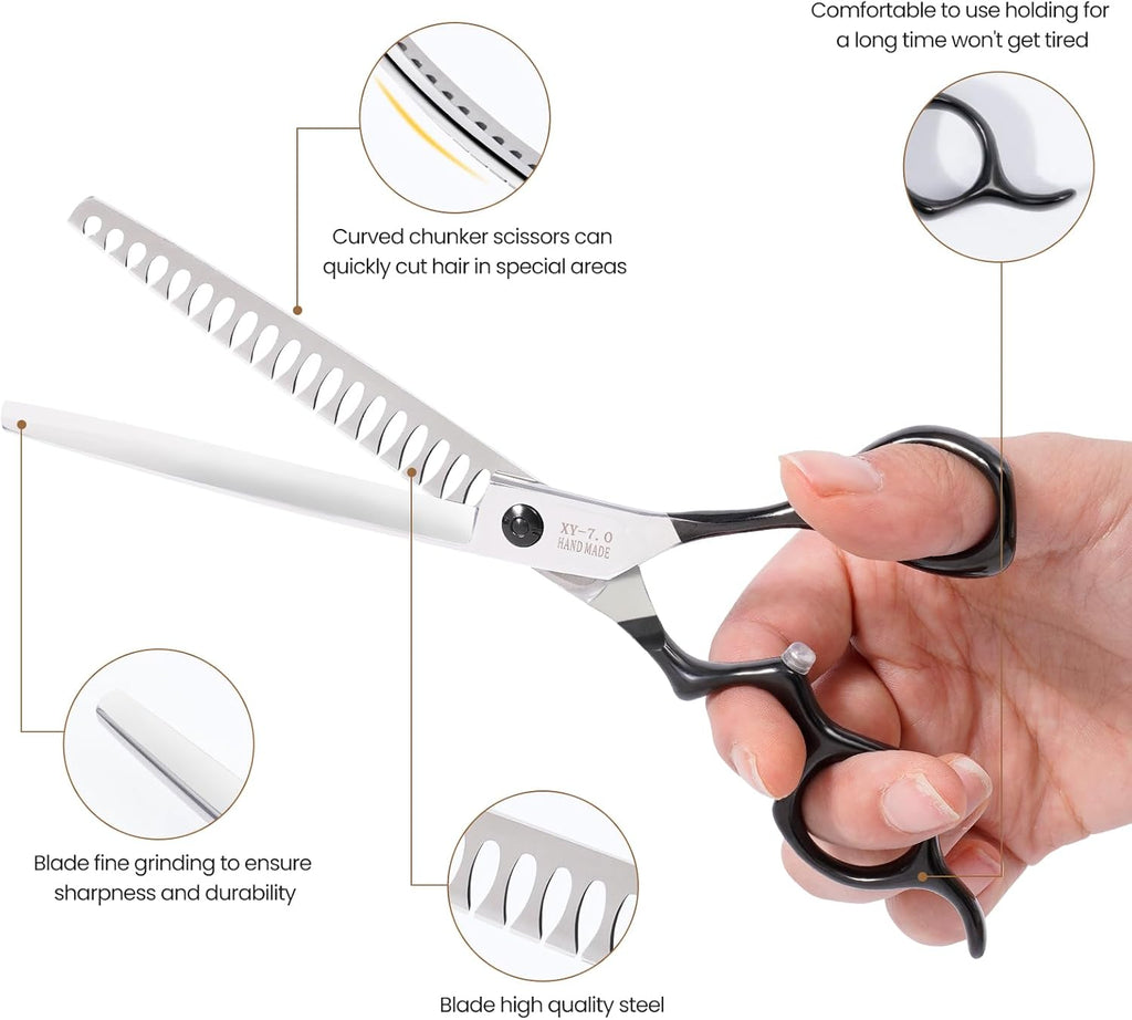 Dog Grooming Scissors,Curved Chunkers Shears Deg Grooming with Safety Round Tips, Sharp and Comfortable 4 in 1 Dog Scissers for Grooming