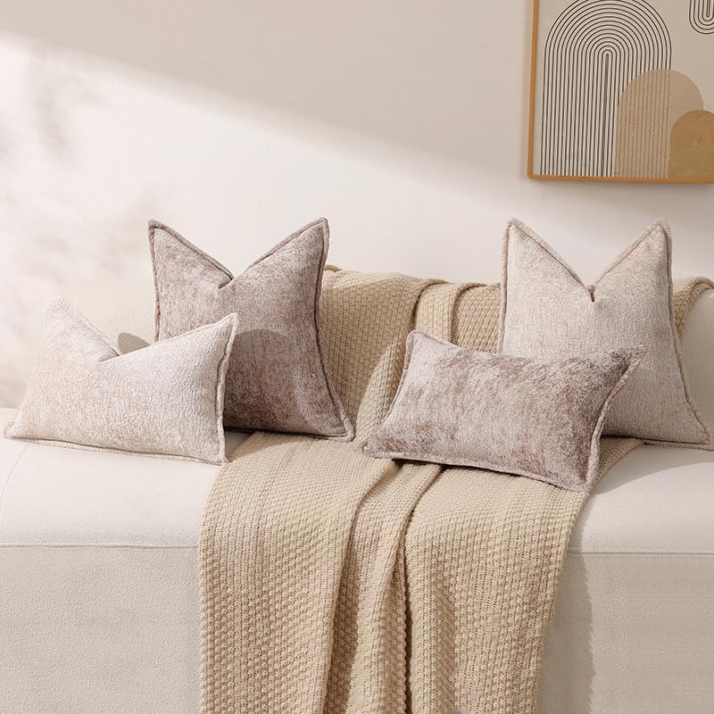 Pack of 2 Khaki Decorative Throw Pillow Covers 24x24 Cozy Soft Chenille Accent Vintage Square Couch Pillow Covers for Home Decor Bed Sofa Living Room