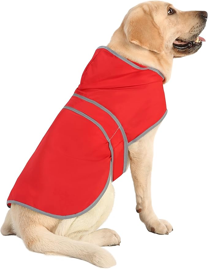 Dog Raincoat for Medium Dogs Waterproof Hooded Rain Jacket with Reflective Strips Leash Hole & Poncho Adjustable Fit (Red,L)