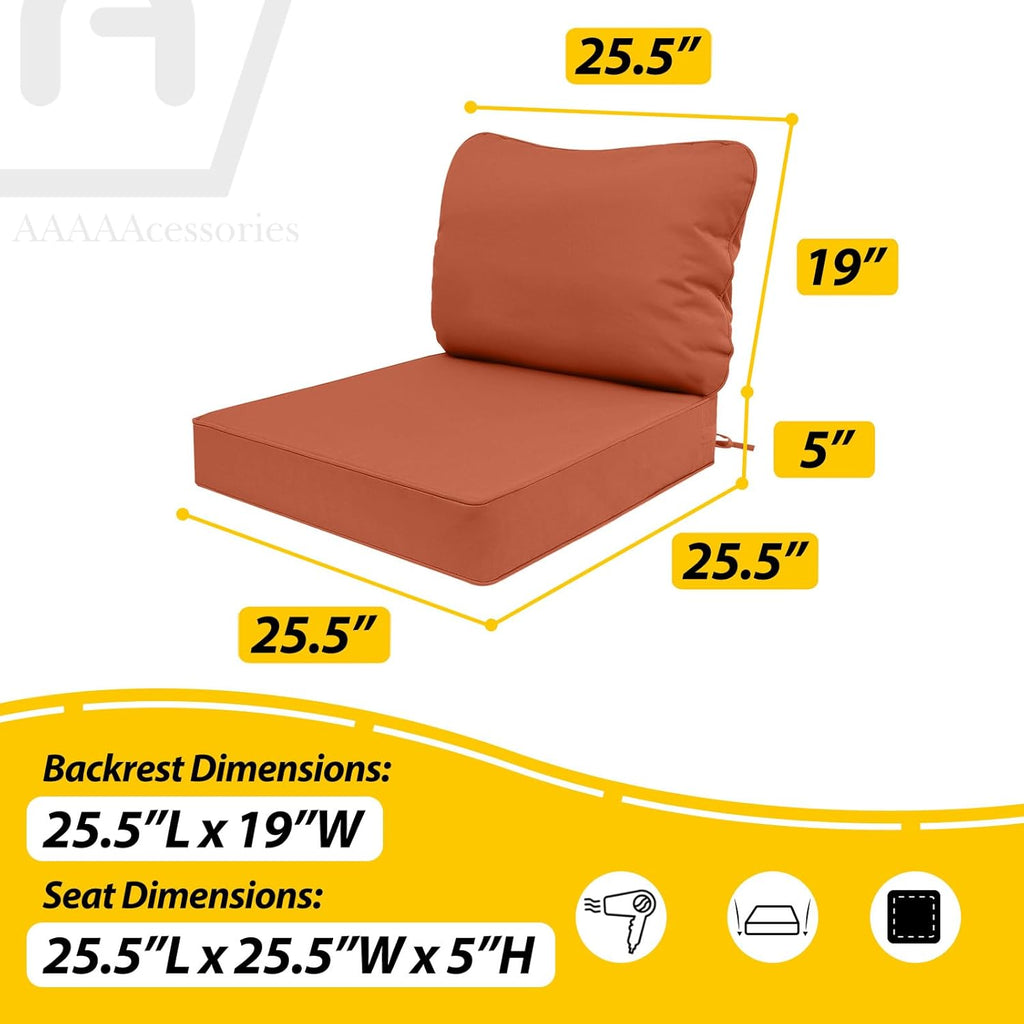 AAAAAcessories Outdoor Deep Seat Cushions, Waterproof, Fade-Resistant Patio Furniture Replacement Cushions, 25.5" x 25.5" x 5" + 25.5" x 19", Rust