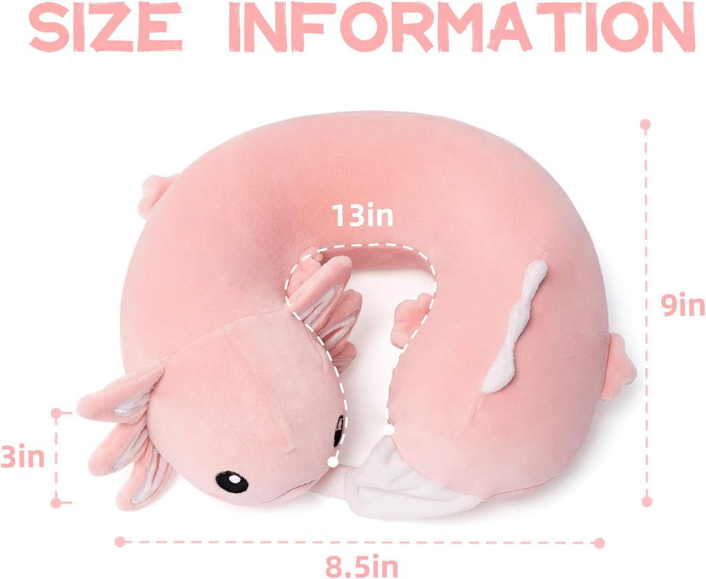 Niuniu Daddy Pink Axolotl Kids Travel Neck Pillow Road Trip Essentials for 3-8 Years Old, Soft Memory Foam Neck Pillow for Sleeping Airplane Essentials, Cervical Pillow for Boys Girls Toddlers