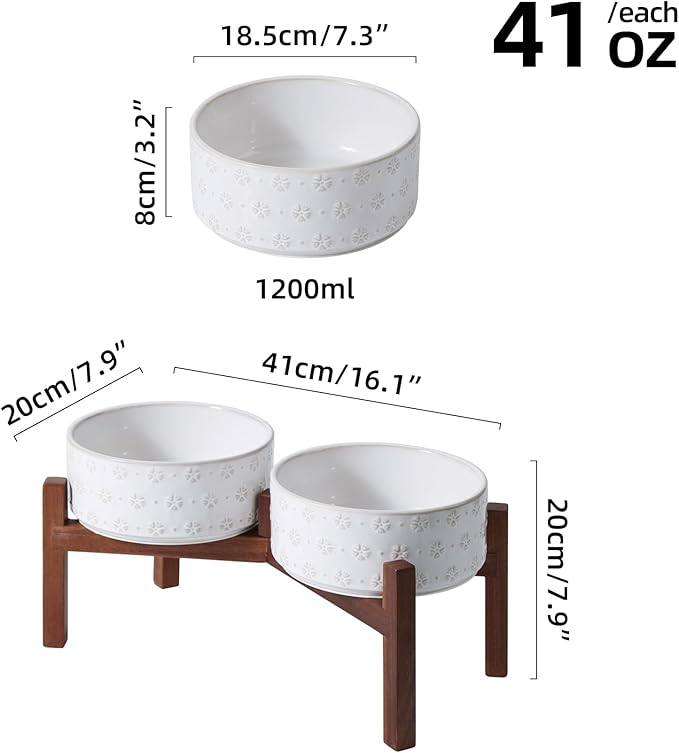 7.3inch Ceramic Raised Double Bowls Set with Acacia Wood Stand, Food & Water Bowls for Medium Breed Dogs, Weighted Dog Dishes, Pet Bowl(41OZ, Arctic White)