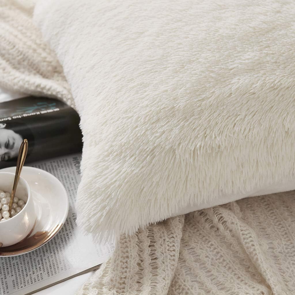 Uhamho Set of 2 King Faux Fur Throw Pillow Covers Soft Velvet Decorative Pillowcases Zipper Closure(20 x 36 Inches Light Beige)