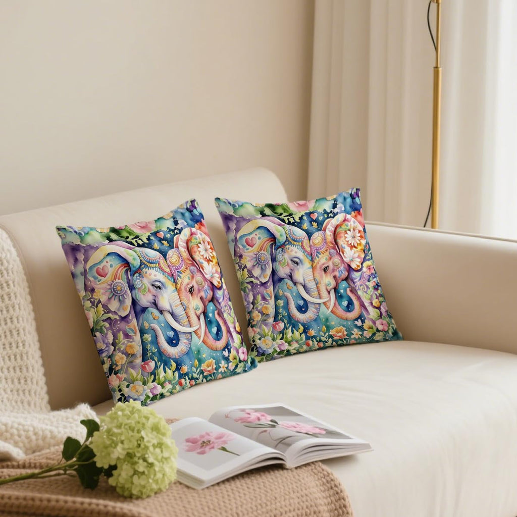 2 Pcs Watercolor Elephant with Floral Decorative Throw Pillow Covers, Cute Colour Elephant Square Decorative Cushion Cover for Women Friend Sister Coworker Birthday Christmas