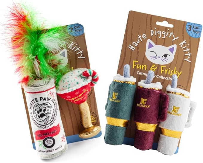 Holiday White Paw & Pawpermint Cattini + Holiday Snuggly Cups Set, Plush Cat Toys Catnip Filled with Interactive Crackle Sound, Safe & Durable Toys for Cat & Kitten, 5 Pcs